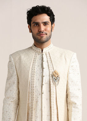 Cream Basketweave Patterned Achkan Style Sherwani Set image number 2